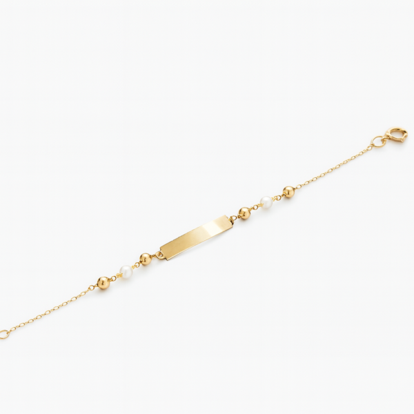 Pulseira Placa com 2 Bolas e 1 Pérola