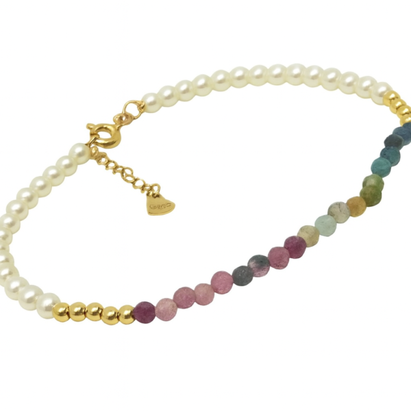 Pulseira Turmalinas Coloridas e Pérolas